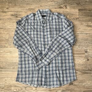 Ermenegildo Zegna Shirt Linen Light Blue And Gray Plaid Mens Shirt Large